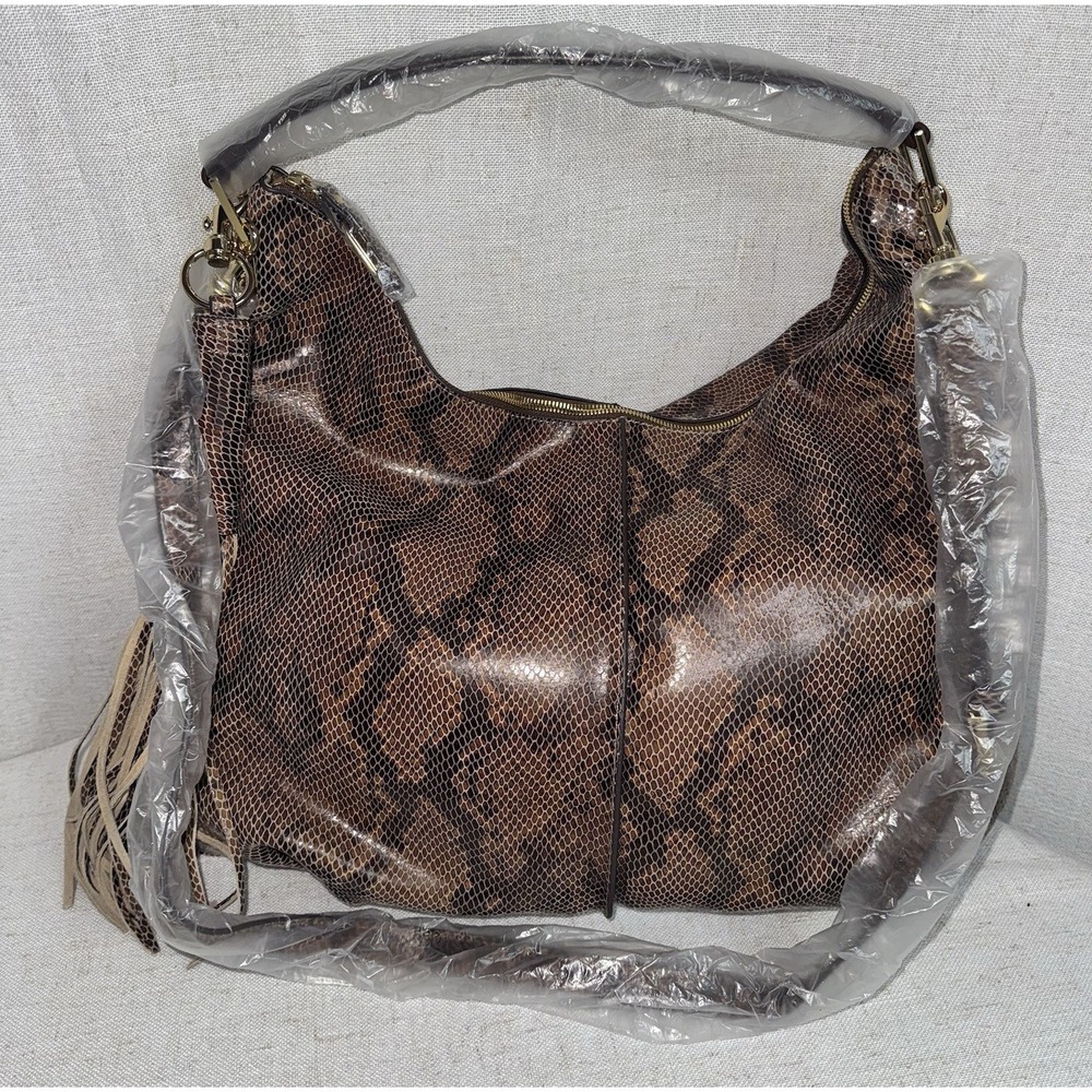 NEW G.I.L.I.‎ GILI Milano Double Zip Exotic Leather Hobo Bag Purse Snake Brown